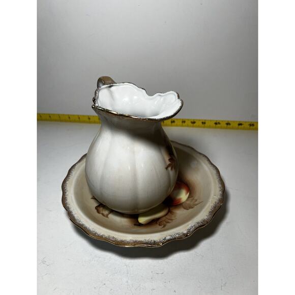 Vintage Porcelain Pitcher and Bowl Wash Basin Set Hand painted Fruit Kitchen - Picture 7 of 16